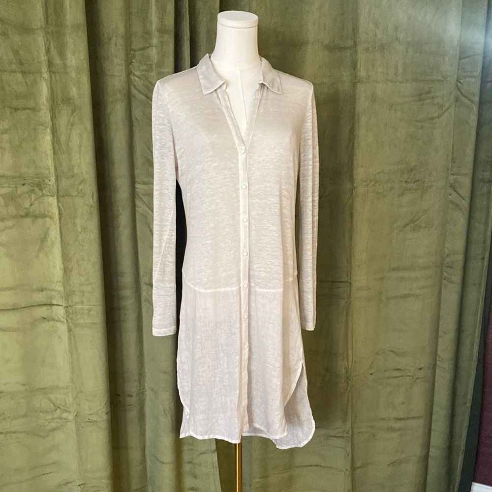 120% Lino Light Cream Long Sleeve Button-Up Dress, S